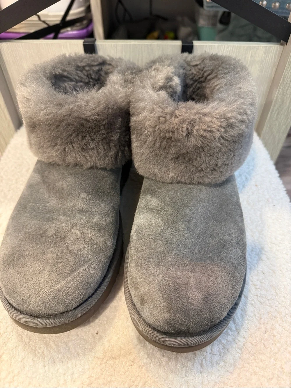 UGG Classic Mini Fluff Boots Charcoal Grey Suede Shearling Fur Ankle Boot Size 8 - Picture 3 of 10